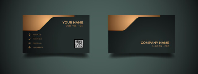Elegant business card with gold dark green color background with QR code. Vector illustration modern card design.