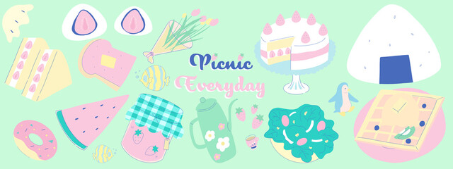 Set of food and dessert element illustration for picnic or breakfast meal for sticker or poster background