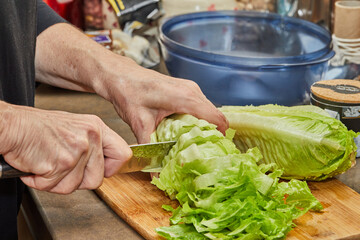 Canvas Print - Chef cuts lettuce on wooden board in the home kitchen