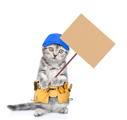 Poster - Funny cat worker with toolbelt and blue cap shows empty placard.  Isolated on white background
