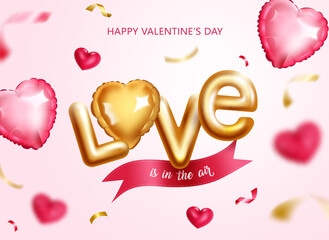 Wall Mural - Valentine's day vector concept design. Love 3d balloons with hearts, lasso and confetti romantic elements for happy valentine's decoration. Vector illustration. 
