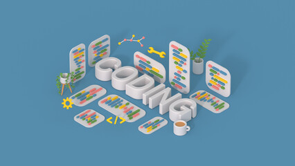 Isometric coding concept minimal cartoon style 3D render illustration