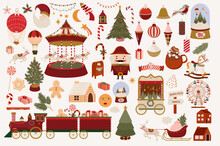Collection Of Christmas Elements: Fairs, Carnival, Christmas Tree, Toys, Train, Nutcracker, Gingerbread Cookies. Perfect For Create Cards, Posters, Print For Product. Editable Vector Illustration.