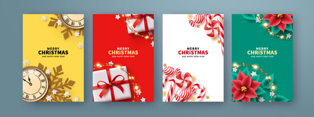 Wall Mural - Merry christmas text poster set design. Christmas holiday gift card lay out collection for xmas and new year background. Vector Illustration.