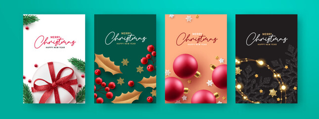 Wall Mural - Christmas greeting set vector poster design. Merry christmas and happy new year gift card lay out collection for holiday xmas background decoration. Vector Illustration.