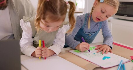 Wall Mural - Children, family and learning with girls drawing with colors and paper at kitchen table with dad helping, teaching and bonding. Sibling sisters, man and creativity with art activity hobby for fun