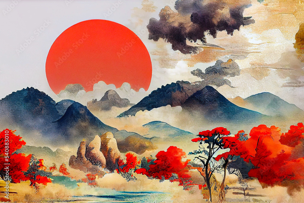 Mountains clouds and trees with red sun. Japanese Ukiyo-e Mountains clouds and trees with red sun. Japanese Ukiyo-e