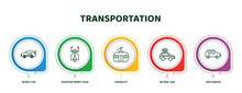 Editable Thin Line Icons With Infographic Template. Infographic For Transportation Concept. Included Sport Car, Scooter Front View, Chairlift, Patrol Car, Hatchback Icons.