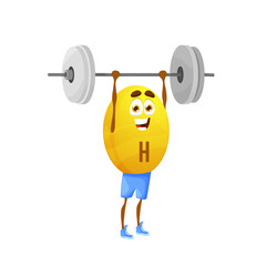 Sticker - Cartoon vitamin H athlete character with barbell. Isolated vector funny Biotin capsule personage exercising with weight in gym. Yellow strong nutrient bubble sportsman bodybuilding workout and sport