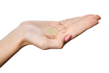 moisturizing gel on the palm of female hand