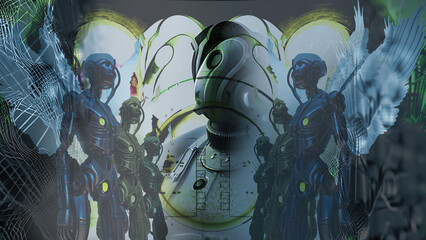 Wall Mural - 3d illustration - drawings sketch of futuristic metallic science fiction humanoid cyborg