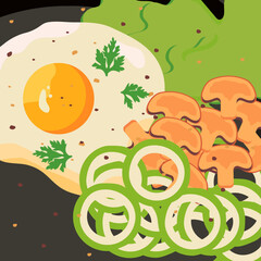 Flat illustration with fried egg, mushroom, spinach and onion on frying pan. Illustration can be used for restaurants, cafes or like illustration daily routine