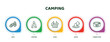 editable thin line icons with infographic template. infographic for camping concept. included rope, campfire, picnic, water, canned food icons.