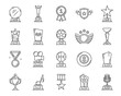 Line award trophy icons, cups and winner prize goblets, vector best first place symbols. Award cups and trophy goblet icons of sport game champion, number one medals in music or cinematography