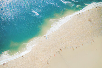 Wall Mural - Relaxing aerial beach scene, summer vacation holiday template banner. Perfect aerial drone top view