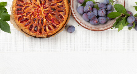 Wall Mural - Homemade plum pie. Fruit tart with seasonal fruits