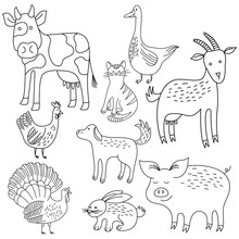 Black White Doodle Farm Animals. Cartoon Illustration  Of Animals. Hand Drawn Cow, Pig, Rabbit, Dog, Geese, Chicken, Cat.
