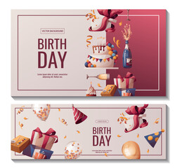 Wall Mural - Set of Birthday promo sale banners with cake, champagne, cupcake, gifts, caps, confetti. Birthday party, celebration, holiday, event, festive concept. Vector illustration. Banner, flyer, advertising.