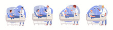 Collection Of Scenes With Doctor And Patient On Intravenous Drip In Hospital Room. Young And Old Men And Women Diagnosed With Oncology. Medical Procedures, Chemotherapy. Vector Character Illustration.
