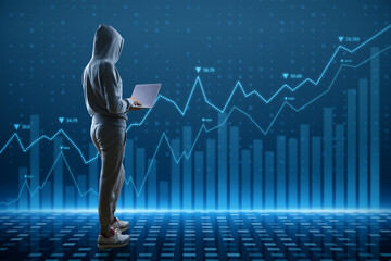 Wall Mural - Hacker with laptop computer using abstract glowing blue business graph hologram on blurry background. Economy, finance, hacking, data theft and digital money concept.