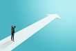 © Who is Danny - Side view of thoughtful young businesswoman on white arrow on blue background. Success, forward and up concept.