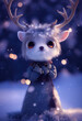Female appearance Rudolph the reindeer wearing a wool coat and a scarf on the snow, winter character, anime, kawaii, made with artificial intelligence
