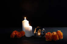 Dia De Muertos - Day Of Dead Altar Concept. Composition Of Sugar Skulls, White Candles And Flowers,