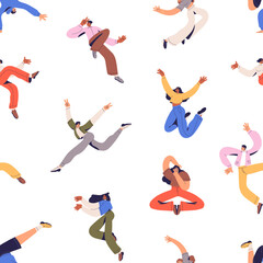 Happy energetic people, seamless pattern. Endless background with free active youth. Flying and jumping fun characters in action, repeating print, texture. Colored flat graphic vector illustration
