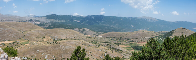 Extra wide angle Panoramic view from Rocca Calascio on Campo Imperatore and the Gran Sasso massif