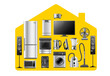 © wowomnom - Vector illustration of yellow house shape with realistic silver color different appliance on white background. 3d style shine home appliance collection design