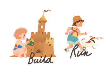 Wall Mural - Little Boy and Girl Building Sand Castle and Running with Dog as Verb Expressing Action for Kids Education Vector Set