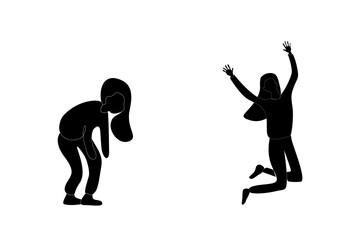 Black and white silhouette comparison of an energetic cheerful happy eager woman and a depressed tired unhappy teenager