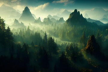 Wall Mural - A foggy, mysterious, fantasy landscape with mountains and forests. 