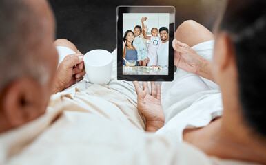 Poster - Digital tablet, video call and family relax on sofa with grandparents talking to kids in kitchen, happy, smile and excited. Happy family, living room and online call with children and senior couple