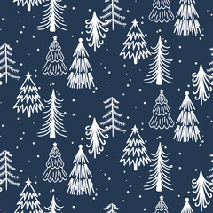 Wall Mural - Seamless hand-drawn forest blue pattern in Scandinavian style. Kids vector winter background for design and decoration textile, covers, package, wrapping paper.