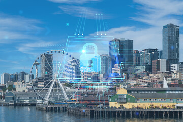 Seattle skyline with waterfront view. Skyscrapers of financial downtown at day time, Washington, USA. The concept of cyber security to protect confidential information, padlock hologram