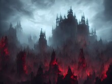 A Grotesque Medieval City With A Huge Castle Citadel In Hell. Fire, Flames And Chaos
