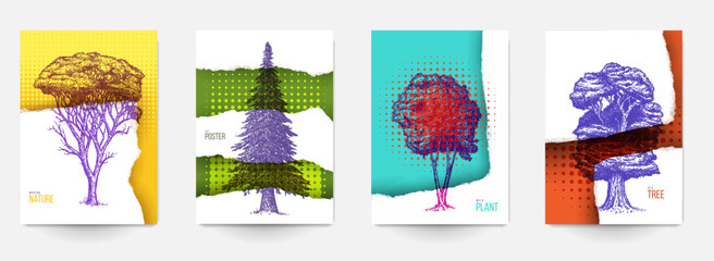Wall Mural - Set background template of card, cover, poster, banner, flyer with hand drawn trees and color geometric shapes. Collection minimalistic modern art composition. Creative vector illustration.