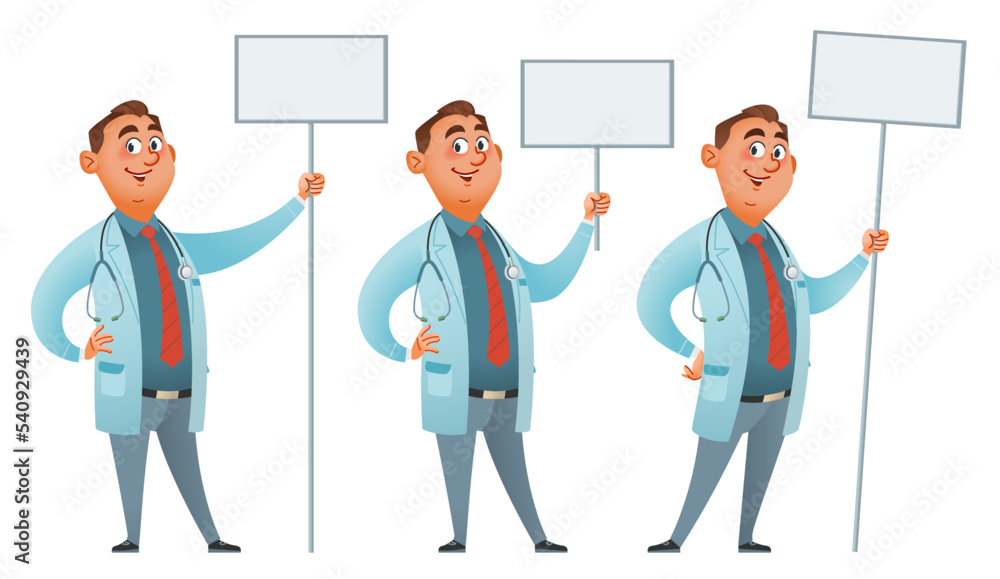 Set of cartoon doctor  holding blank placard or banner for information or advertising.  Vector illustration. Isolated on white background. 
