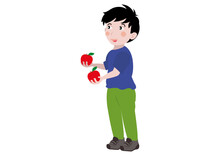 Cute Boy Holds Two Apples In His Hand