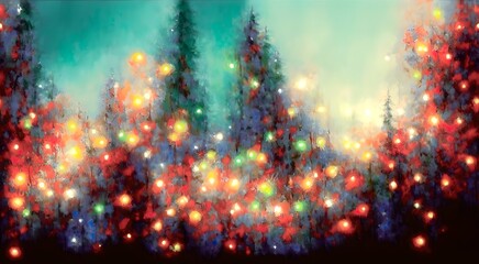 Wall Mural - A Christmas/New year abstract background with spruce forest and glowing lights, bokeh style, champagne sparkles