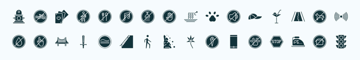 flat filled signs icons set. glyph icons such as hydrant, no food, heat, cap, no animals, do not touch, is congruent to, landslide, smarthphone, ironing, no packing icons.