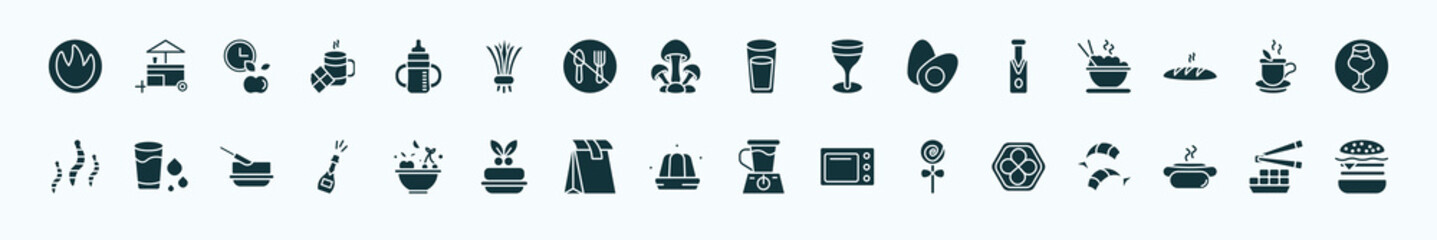 flat filled food icons set. glyph icons such as calories, sippy cup, water glass, sparkling wine, hot herbal, drink water, healthy nutrition, jelly, jawbreaker, hotdog and bread, fried tofu curd