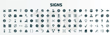 Set Of 100 Signs Filled Icons Set. Flat Icons Such As Alarm, Exclamation Mark, Gift Shop, Not Disturb, Text Documents, Prohibition Circle, Reason, Parenthesis, Classroom Cup, Copying Glyph Icons.