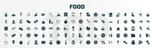 Set Of 100 Food Filled Icons Set. Flat Icons Such As Sippy Cup, Chop, Slotted Spoon, Hot Herbal, Sugar Container, Dairy, Scale Balanced Tool, Kitchen Pack, Fallen, Bitten Ice Cream Glyph Icons.