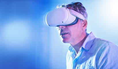 virtual reality, vr metaverse or senior man with 3d goggles for virtual lights, cyber experience or 