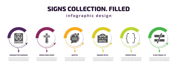 signs collection. filled infographic template with icons and 6 step or option. signs collection. filled icons such as radioactive warning, gross dark cross, quotes, square hotel, parenthesis, is not