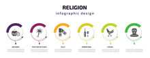 Religion Infographic Template With Icons And 6 Step Or Option. Religion Icons Such As And Honey, Palm Tree With Date, Tallit, Hebrew Wine, Chicken, Vector. Can Be Used For Banner, Info Graph, Web,