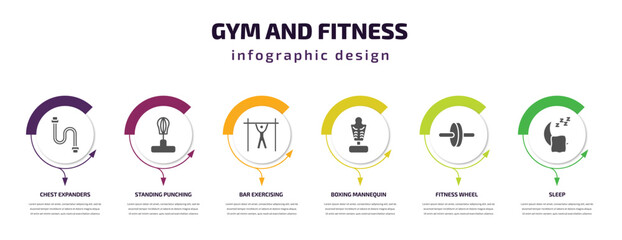 Wall Mural - gym and fitness infographic template with icons and 6 step or option. gym and fitness icons such as chest expanders, standing punching ball, bar exercising, boxing mannequin, fitness wheel, sleep