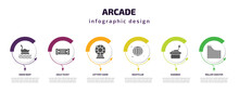 Arcade Infographic Template With Icons And 6 Step Or Option. Arcade Icons Such As Swan Boat, Gold Ticket, Lottery Game, Nightclub, Sandbox, Roller Coaster Vector. Can Be Used For Banner, Info Graph,